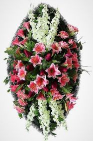 Фото - Ритуальный венок из искусственных цветов - Элитный #16 розово-белый из лилий и зелени