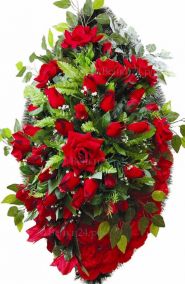 Фото - Ритуальный венок из искусственных цветов - Элитный #2 из красных роз, гвоздик и зелени